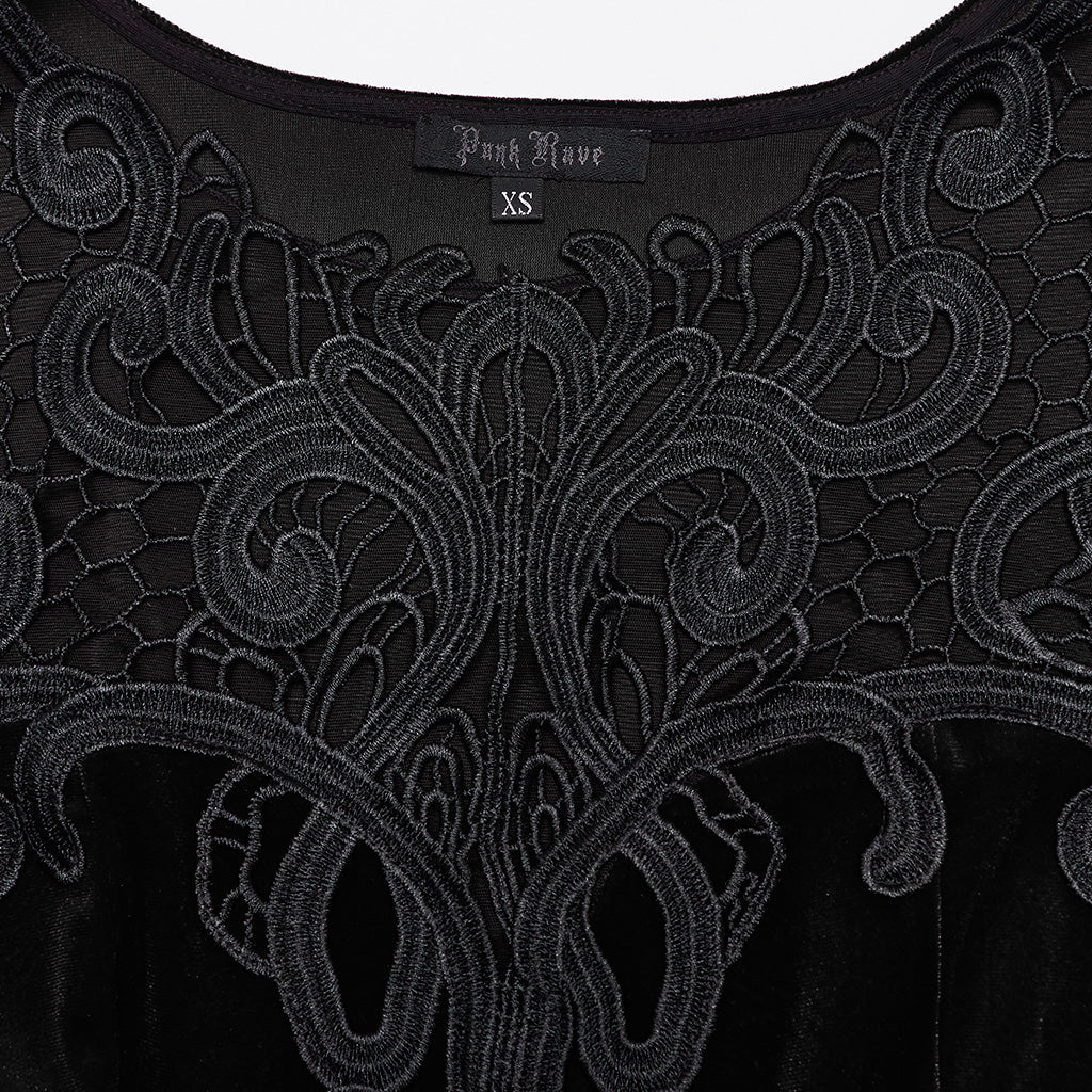 WQ-763LQF Elegant Gothic Velvet Dress with Lace Sleeves and Corset Back - Image 18