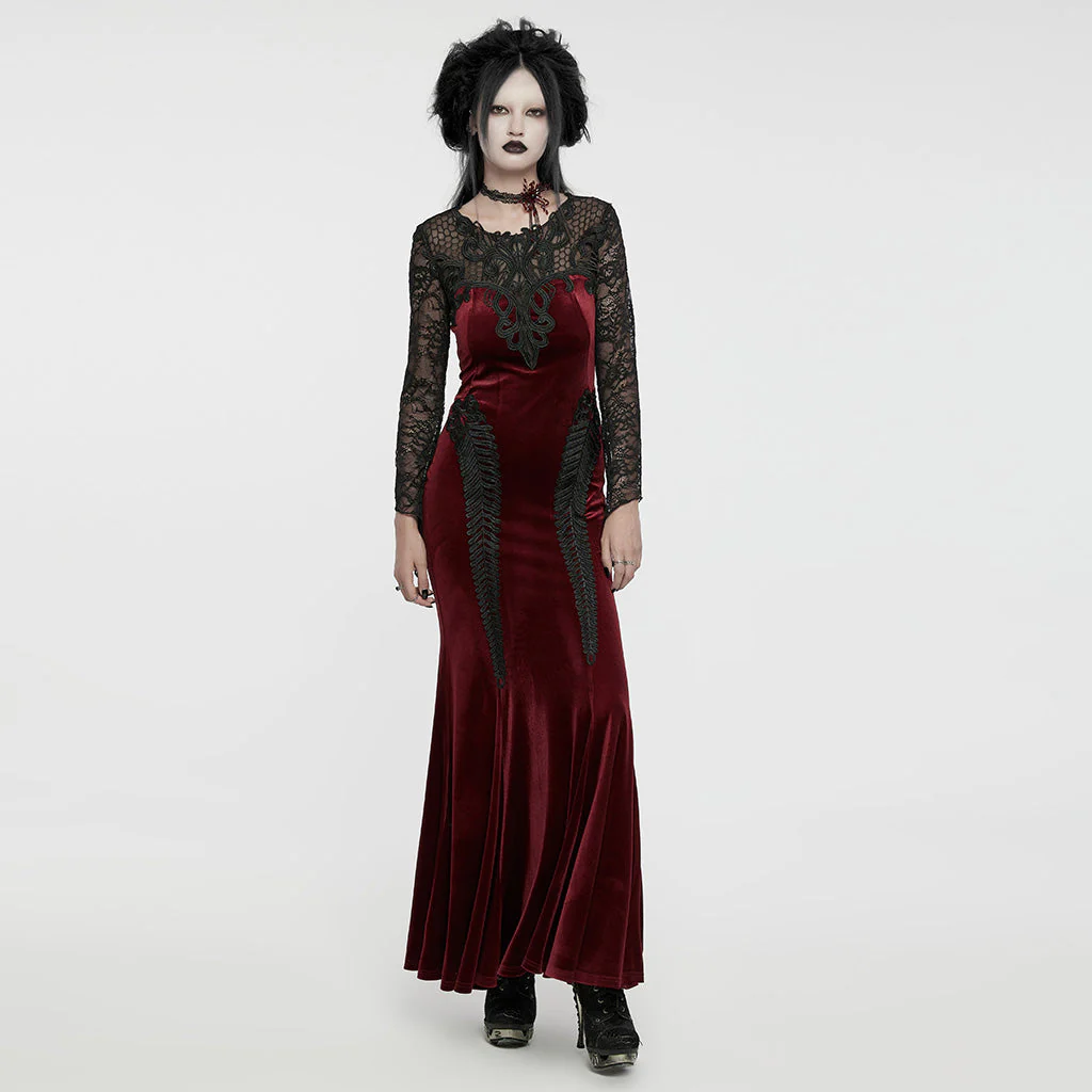 WQ-763LQF Elegant Gothic Velvet Dress with Lace Sleeves and Corset Back - Image 25