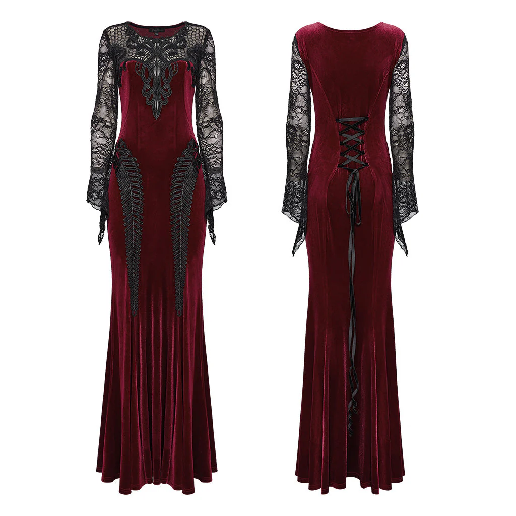 WQ-763LQF Elegant Gothic Velvet Dress with Lace Sleeves and Corset Back - Image 26