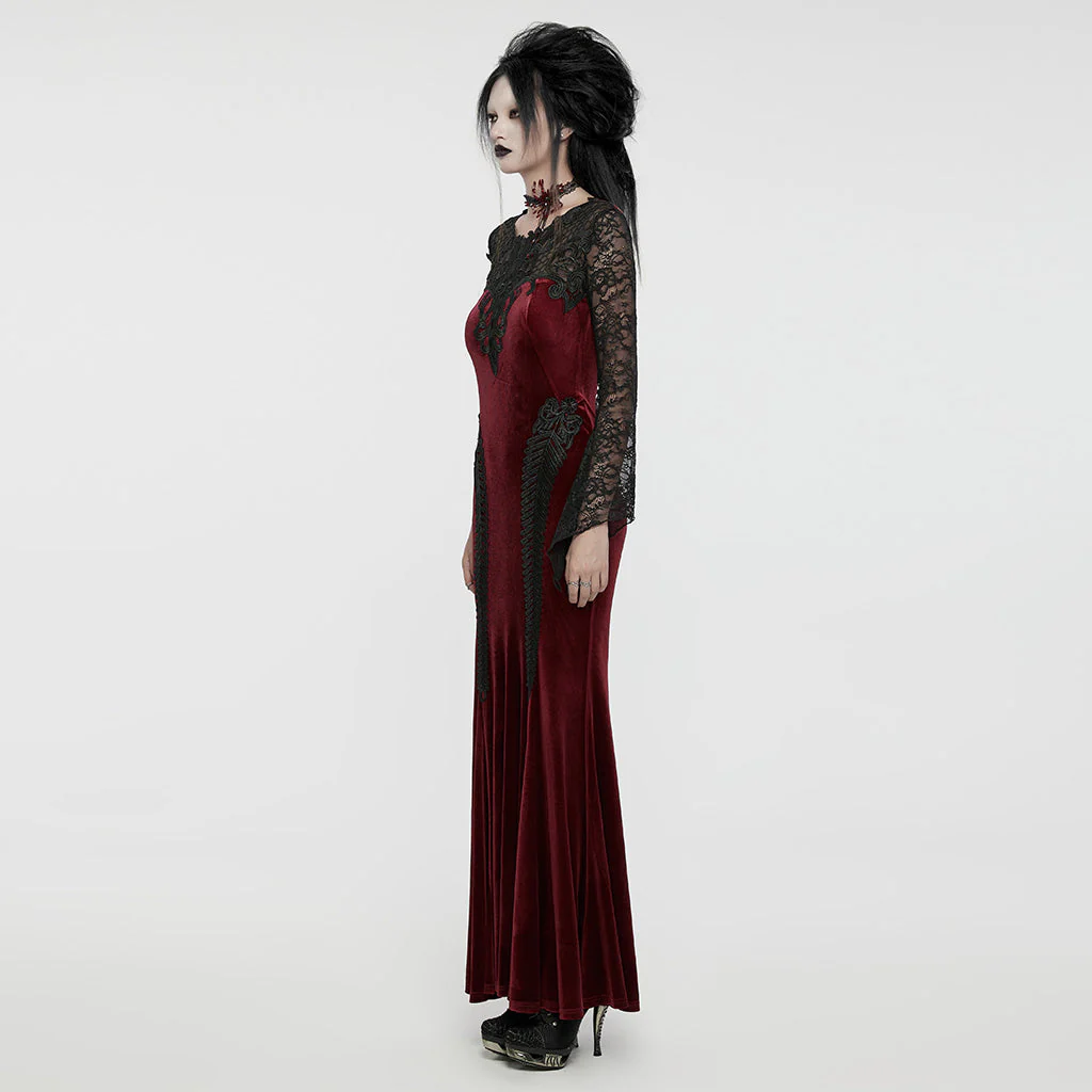 WQ-763LQF Elegant Gothic Velvet Dress with Lace Sleeves and Corset Back - Image 3