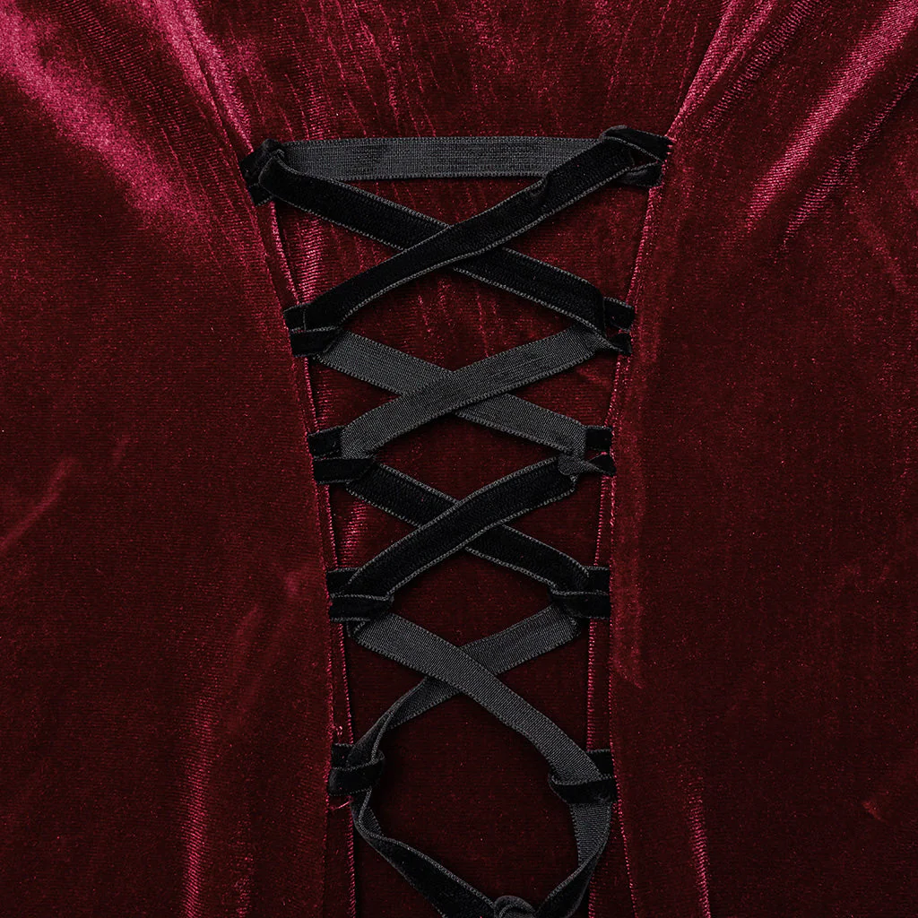 WQ-763LQF Elegant Gothic Velvet Dress with Lace Sleeves and Corset Back - Image 30