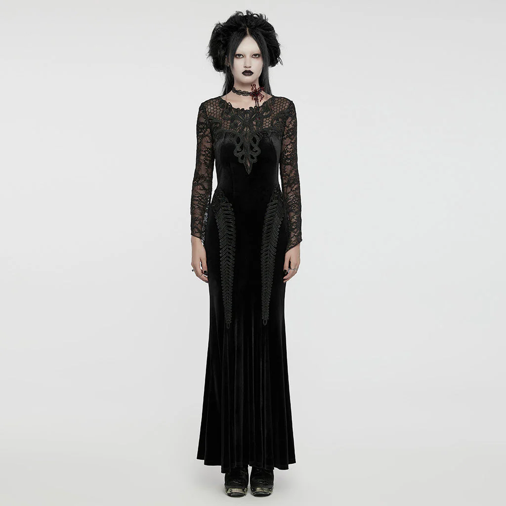 WQ-763LQF Elegant Gothic Velvet Dress with Lace Sleeves and Corset Back - Image 33