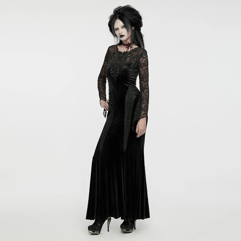 WQ-763LQF Elegant Gothic Velvet Dress with Lace Sleeves and Corset Back - Image 36