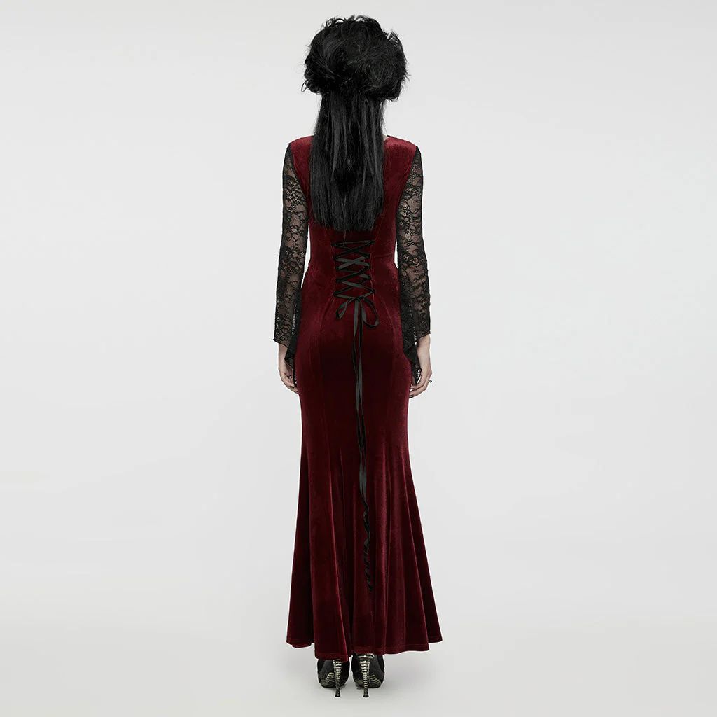 WQ-763LQF Elegant Gothic Velvet Dress with Lace Sleeves and Corset Back - Image 4