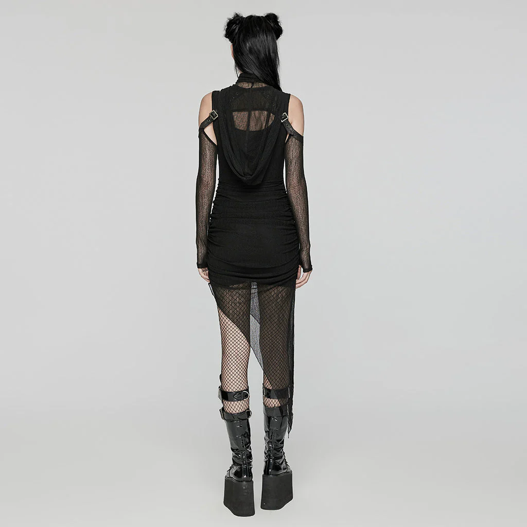 WQ-768LQF Edgy Two-Piece Hooded Mesh Black Punk Dress - Image 4