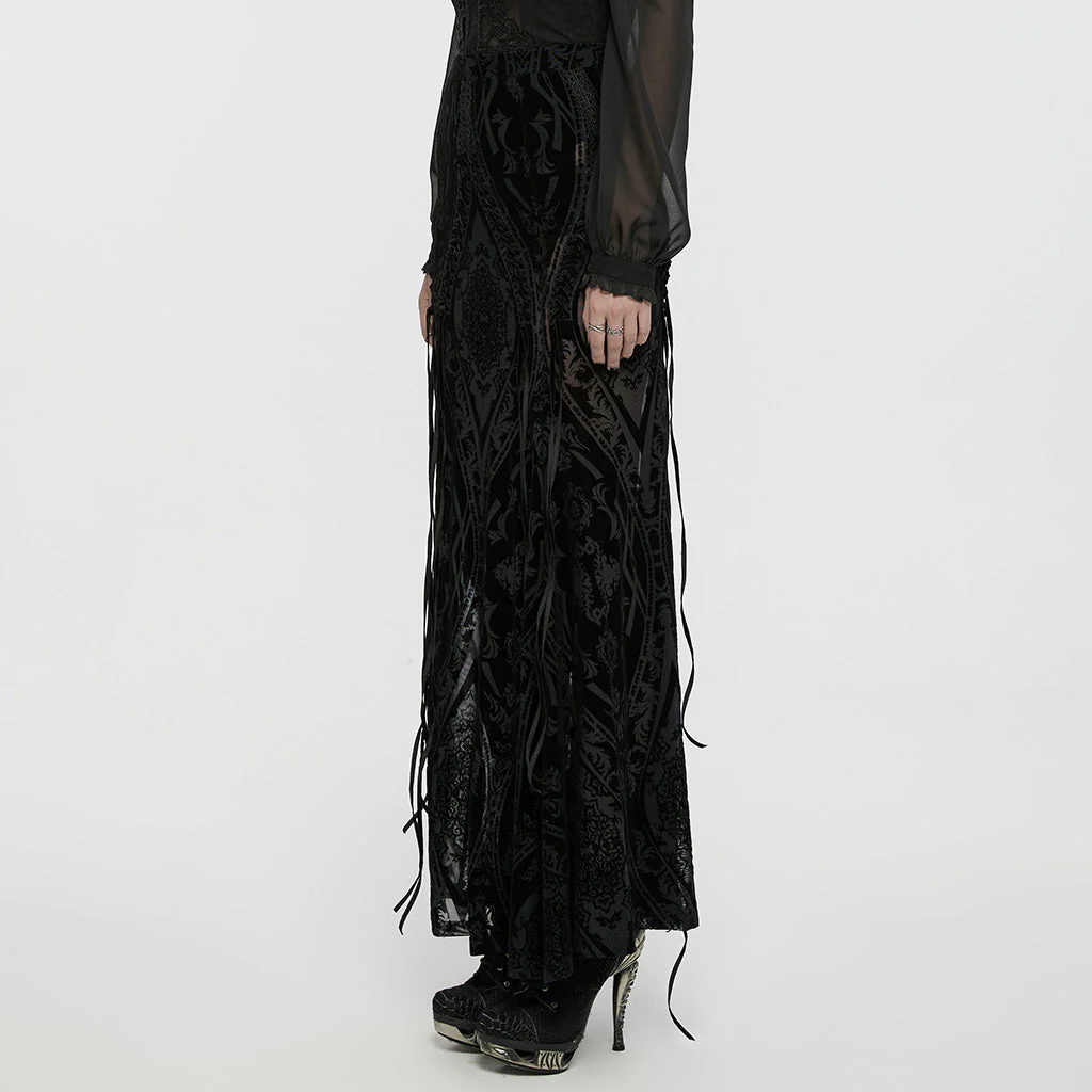WQ-769BQF Elegant black Velvet Embroidered Gothic Maxi Skirt - Image 3