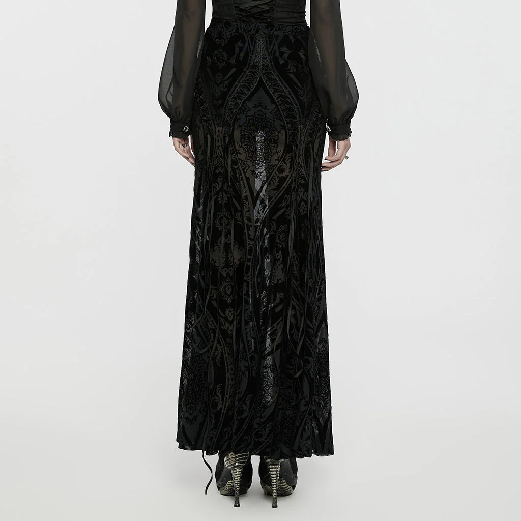 WQ-769BQF Elegant black Velvet Embroidered Gothic Maxi Skirt - Image 4