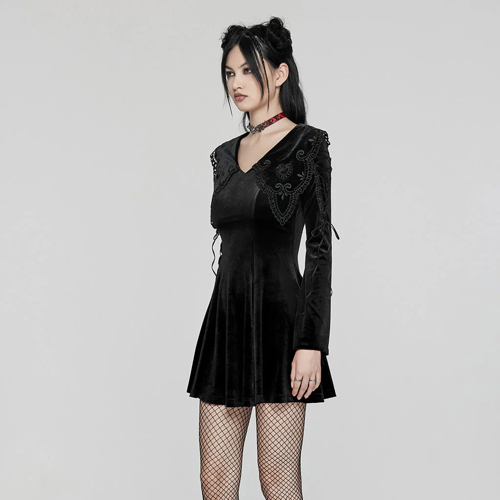 WQ-770LQF Velvet Gothic Dress with Lace Embellishments and Lace-up Back - Image 14