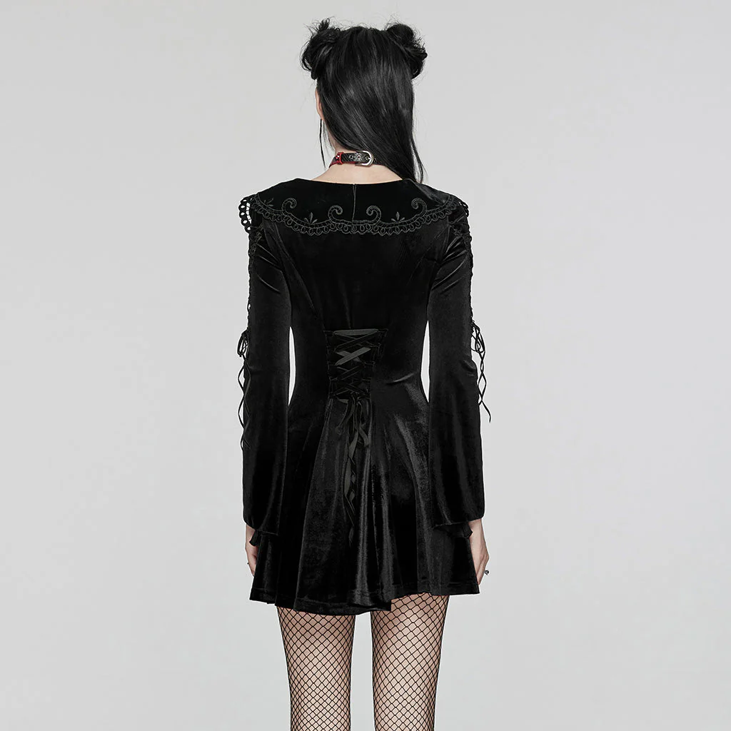 WQ-770LQF Velvet Gothic Dress with Lace Embellishments and Lace-up Back - Image 15