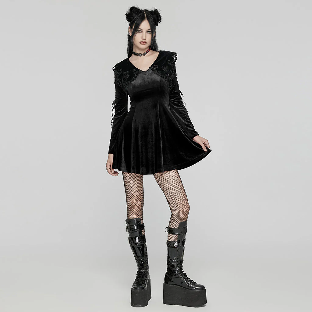 WQ-770LQF Velvet Gothic Dress with Lace Embellishments and Lace-up Back - Image 16
