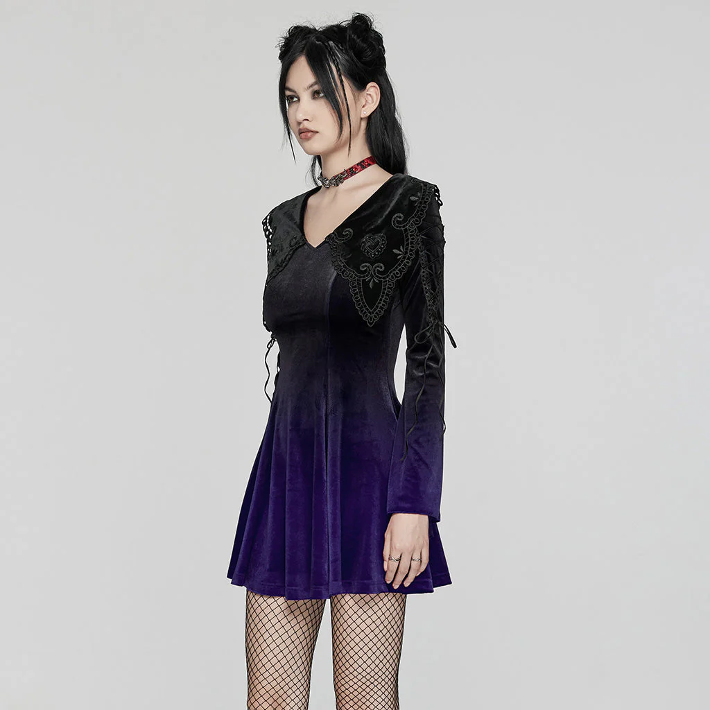 WQ-770LQF Velvet Gothic Dress with Lace Embellishments and Lace-up Back - Image 3