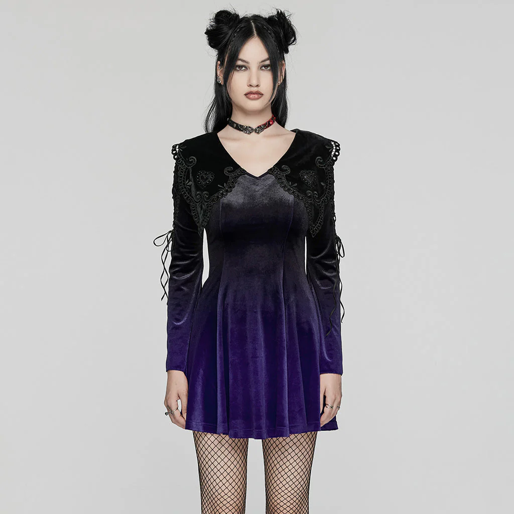 WQ-770LQF Velvet Gothic Dress with Lace Embellishments and Lace-up Back - Image 31