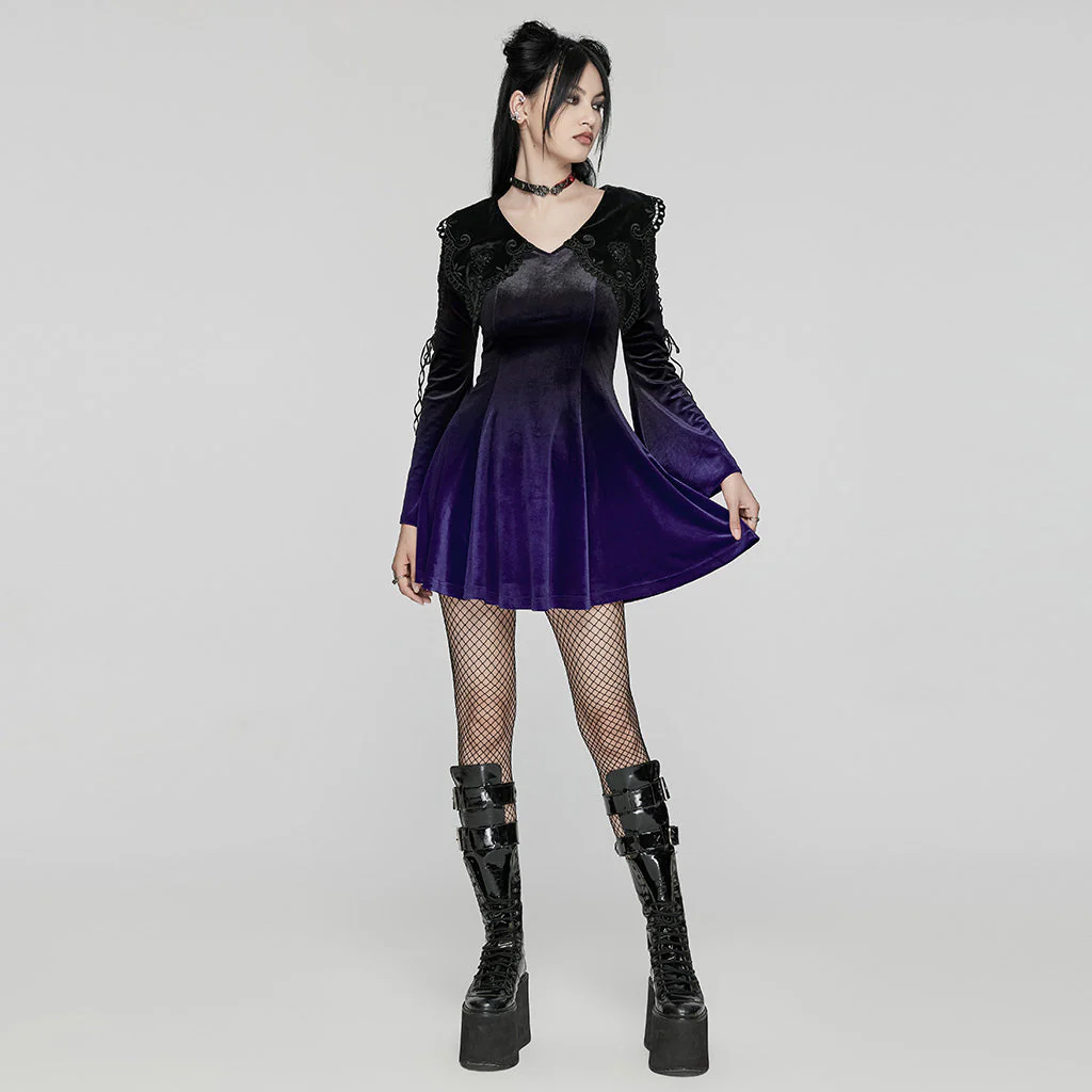 WQ-770LQF Velvet Gothic Dress with Lace Embellishments and Lace-up Back - Image 34