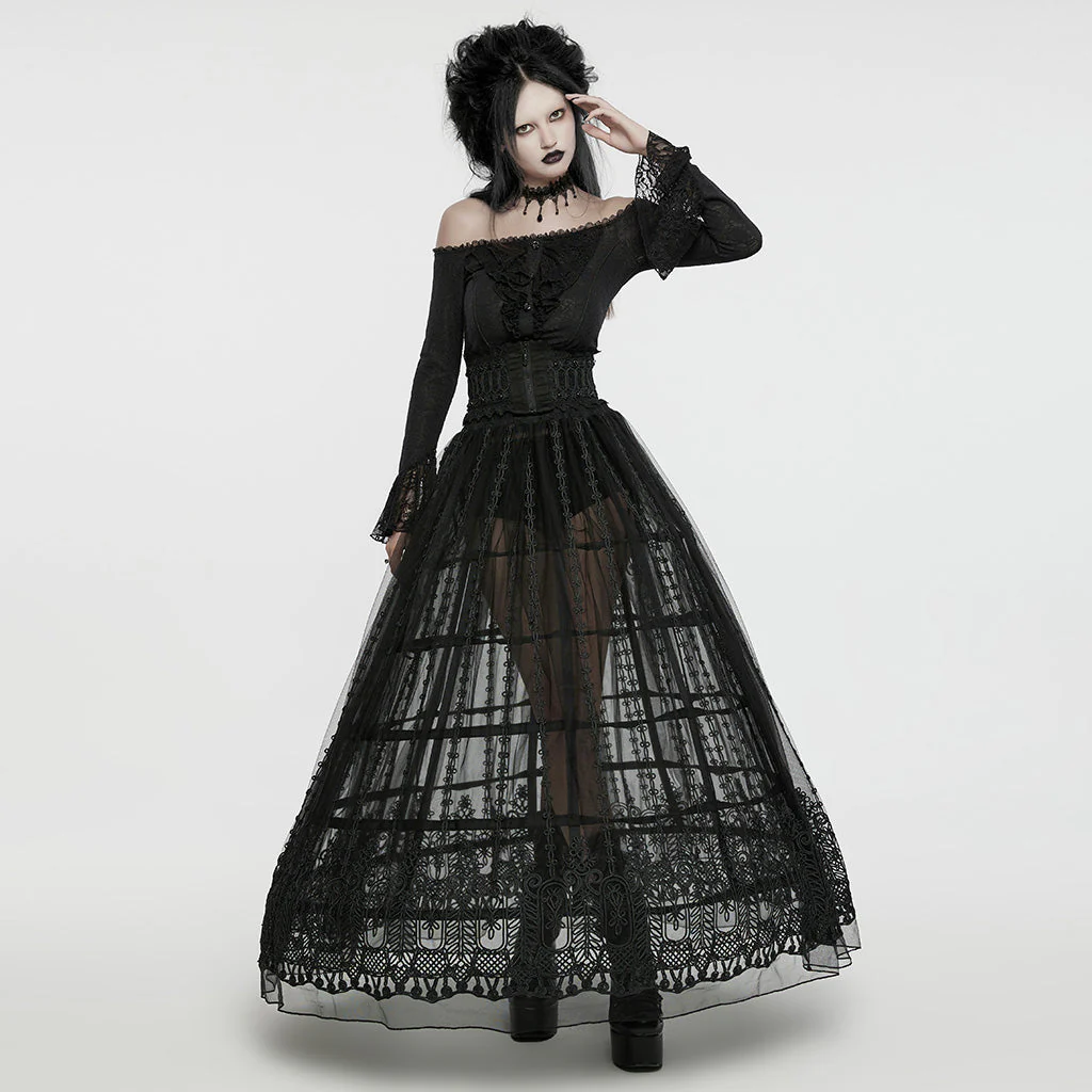 WQ-771DQF Gothic Maximal Embroidered Sheer Black Lace Layered Mesh Skirt - Image 5