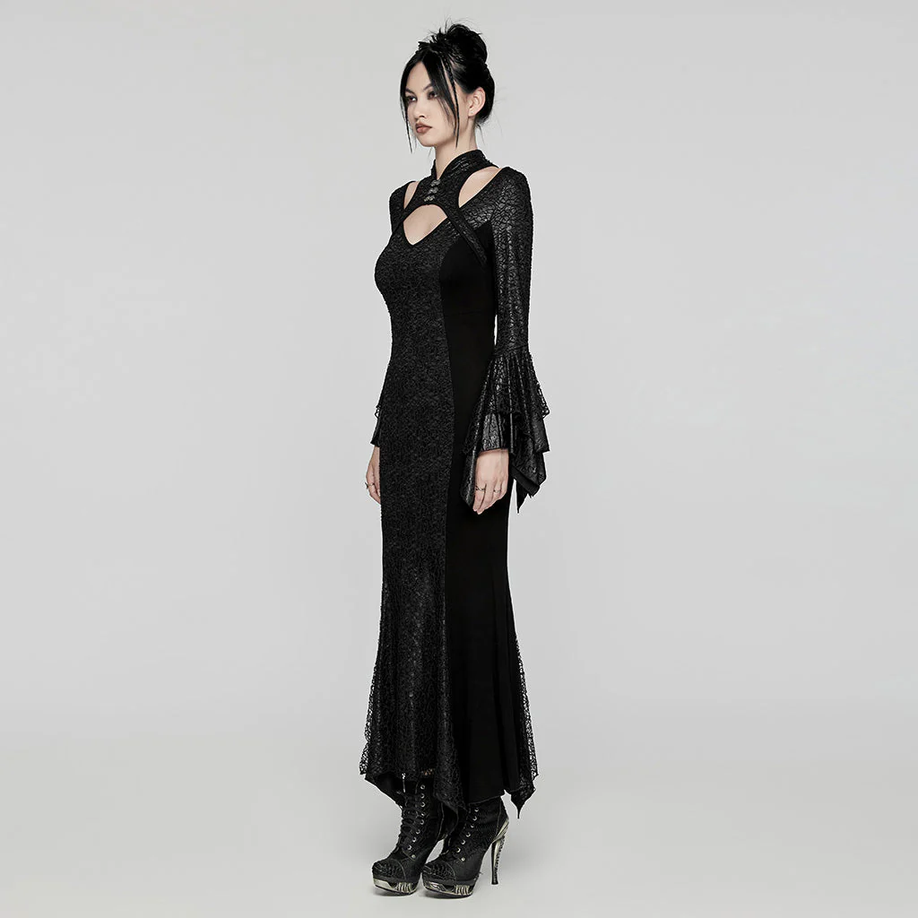 WQ-772LQF Elegant Gothic Lace Maxi Dress with Bell Sleeves - Image 3