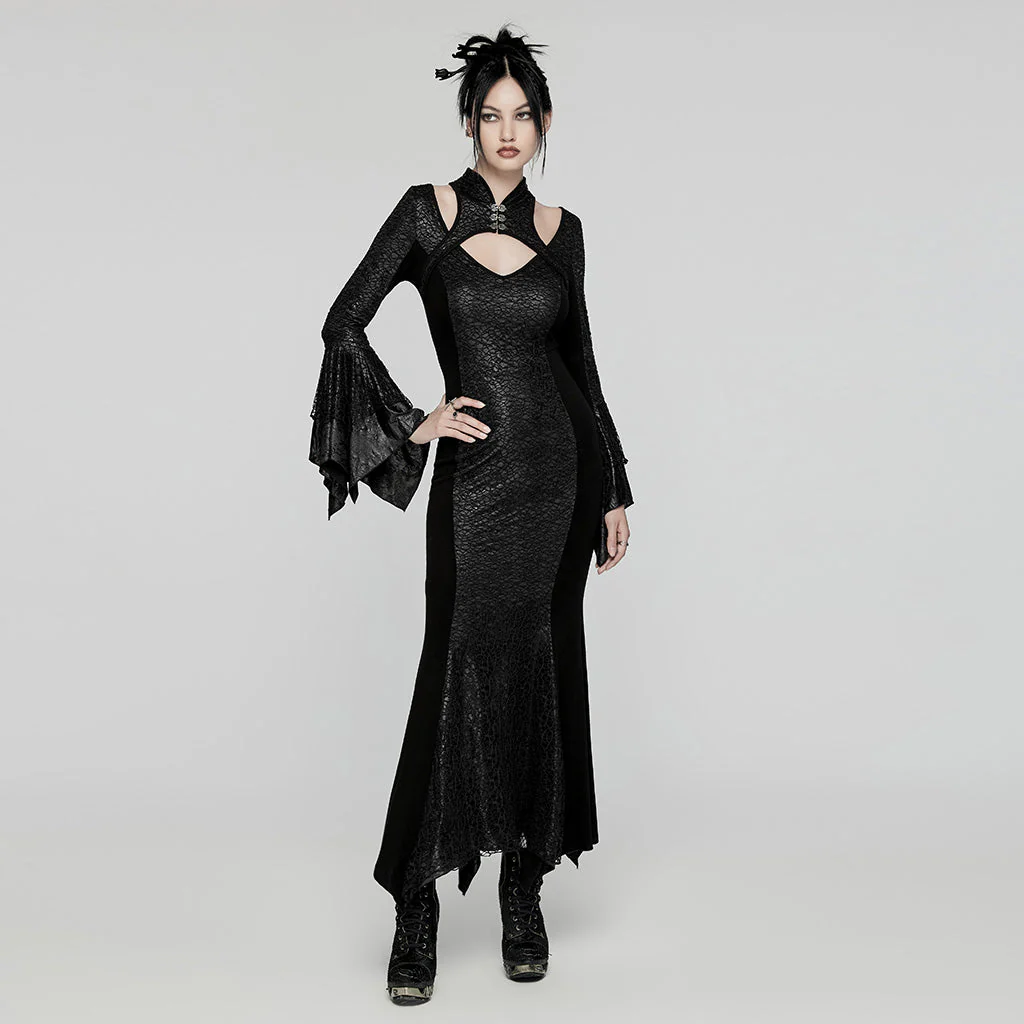 WQ-772LQF Elegant Gothic Lace Maxi Dress with Bell Sleeves - Image 5