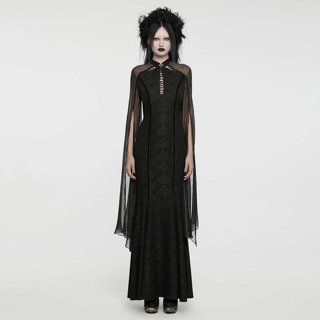 WQ-774LQF Ethereal Black Lace Gothic Dress with Chiffon Cape Sleeves