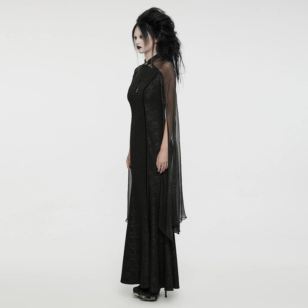 WQ-774LQF Ethereal Black Lace Gothic Dress with Chiffon Cape Sleeves - Image 13