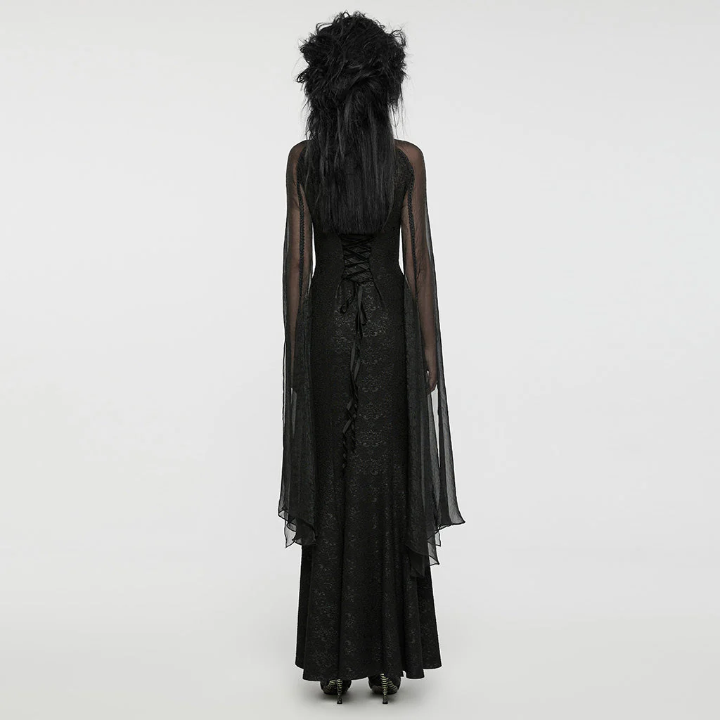 WQ-774LQF Ethereal Black Lace Gothic Dress with Chiffon Cape Sleeves - Image 14