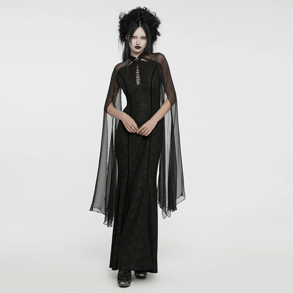 WQ-774LQF Ethereal Black Lace Gothic Dress with Chiffon Cape Sleeves - Image 15