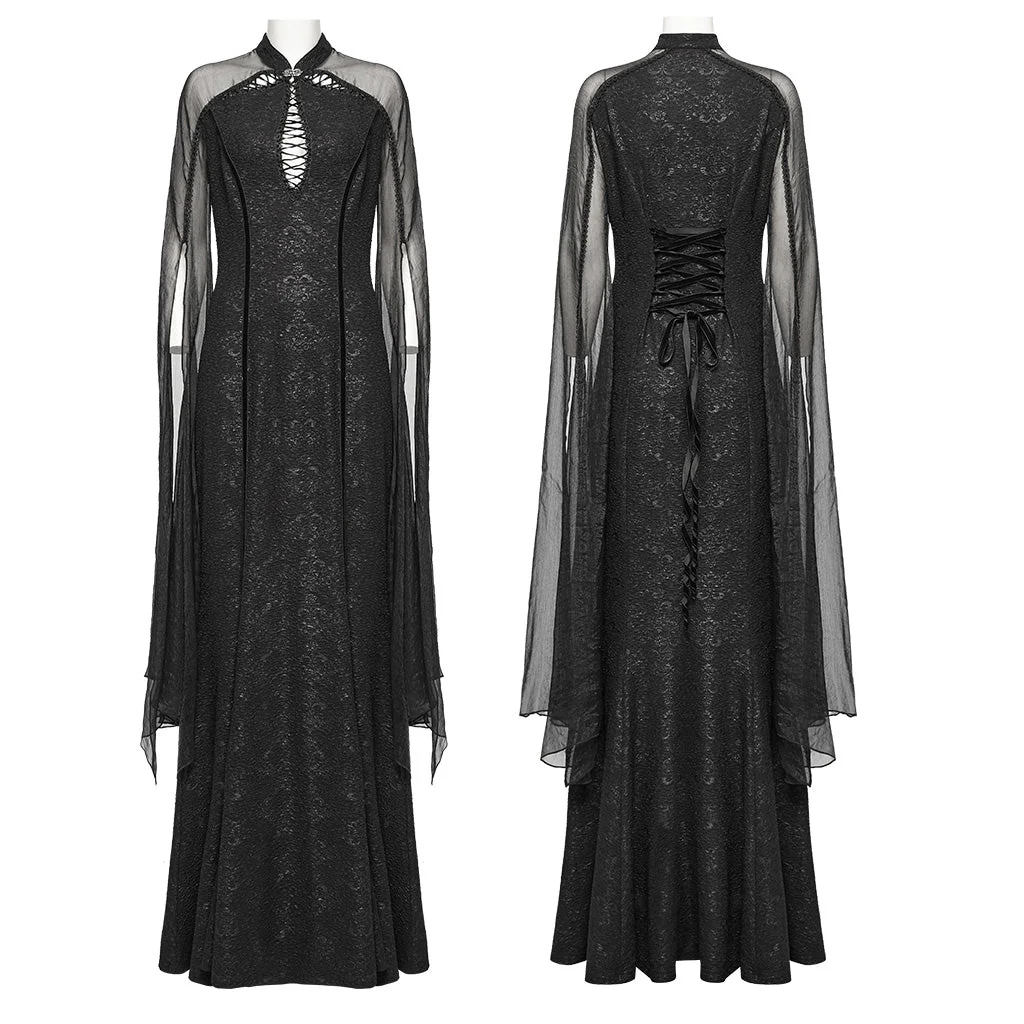 WQ-774LQF Ethereal Black Lace Gothic Dress with Chiffon Cape Sleeves - Image 16