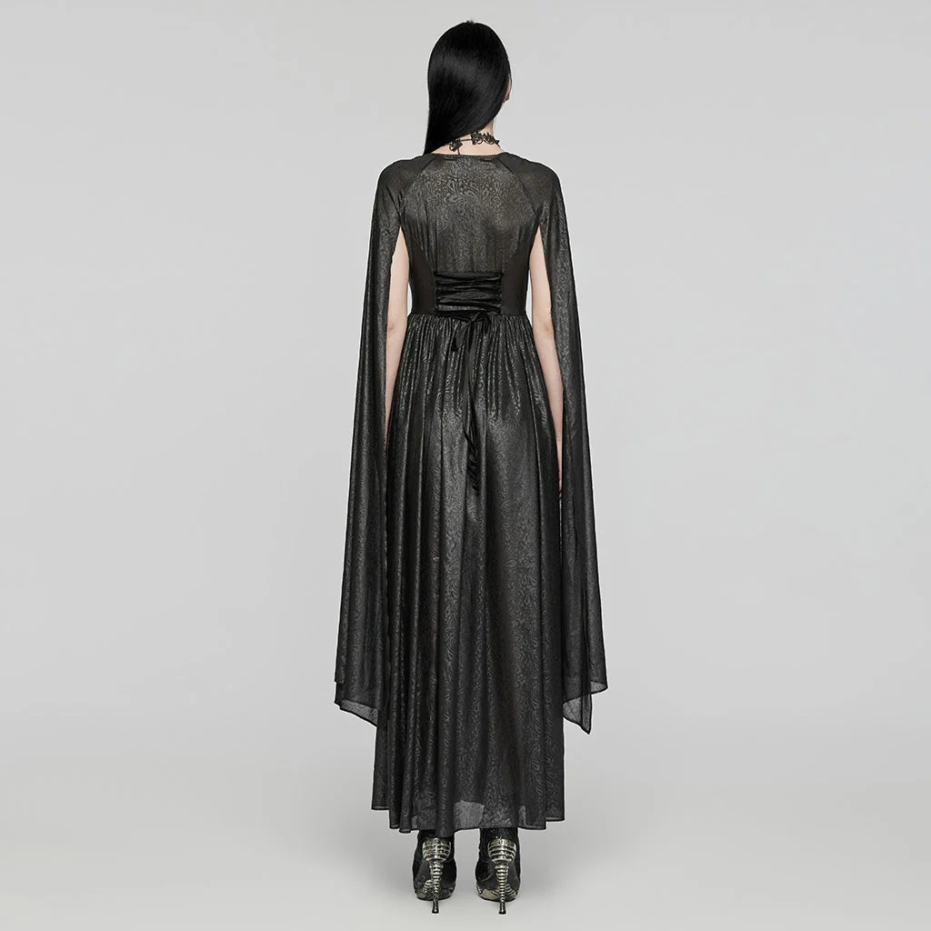 WQ-776LQF Elegant Long Gothic V-Neck Dress with Sheer Cape Details - Image 14