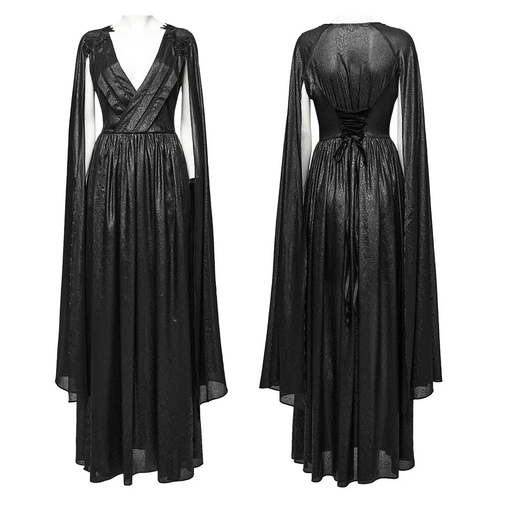 WQ-776LQF Elegant Long Gothic V-Neck Dress with Sheer Cape Details - Image 16