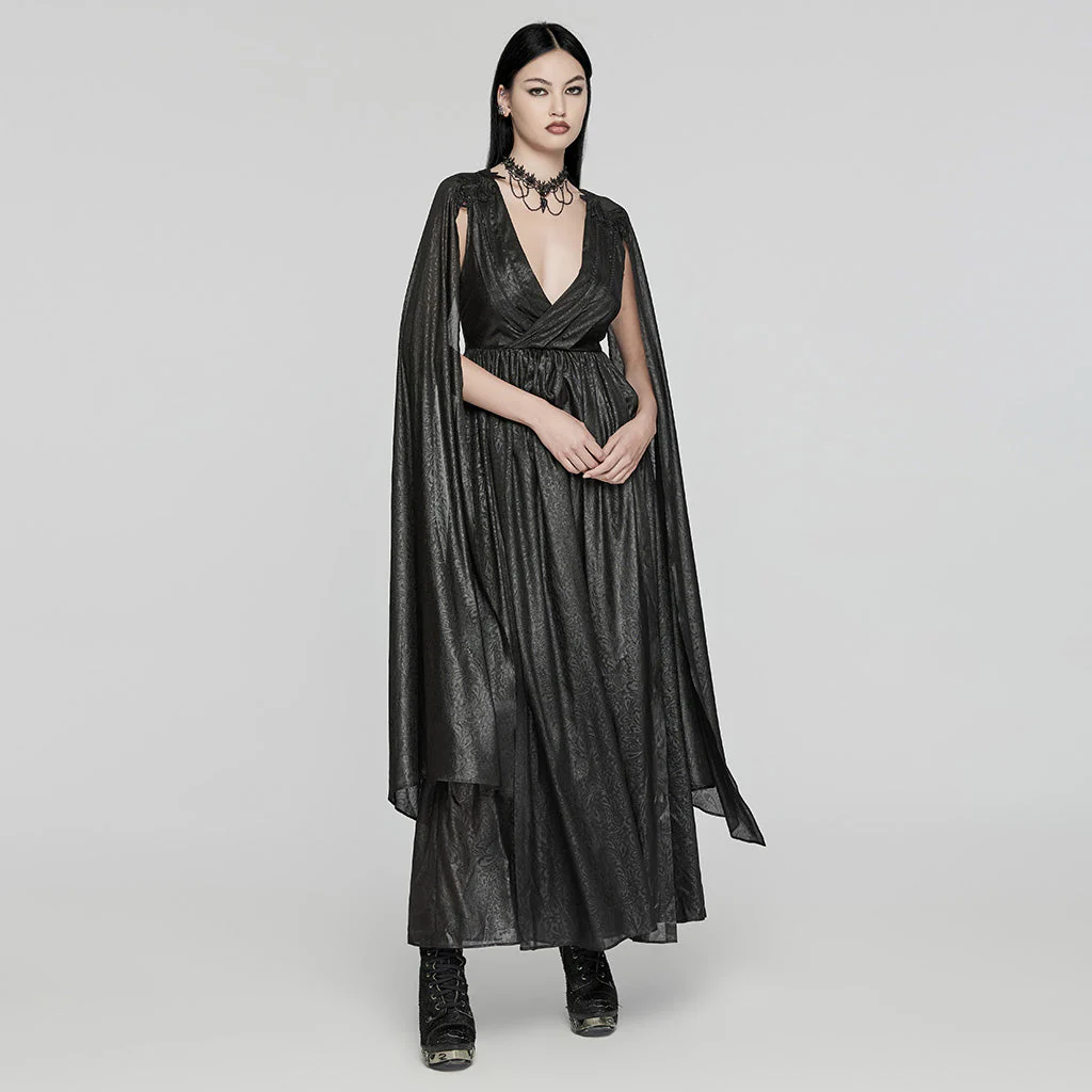 WQ-776LQF Elegant Long Gothic V-Neck Dress with Sheer Cape Details - Image 3