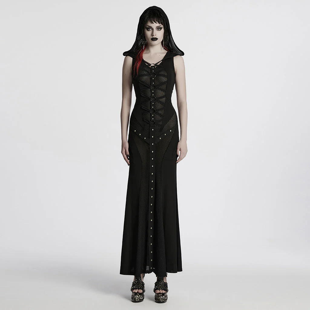WQ-800LQF Gothic Black Mesh Studded Long Punk Dress - Image 11