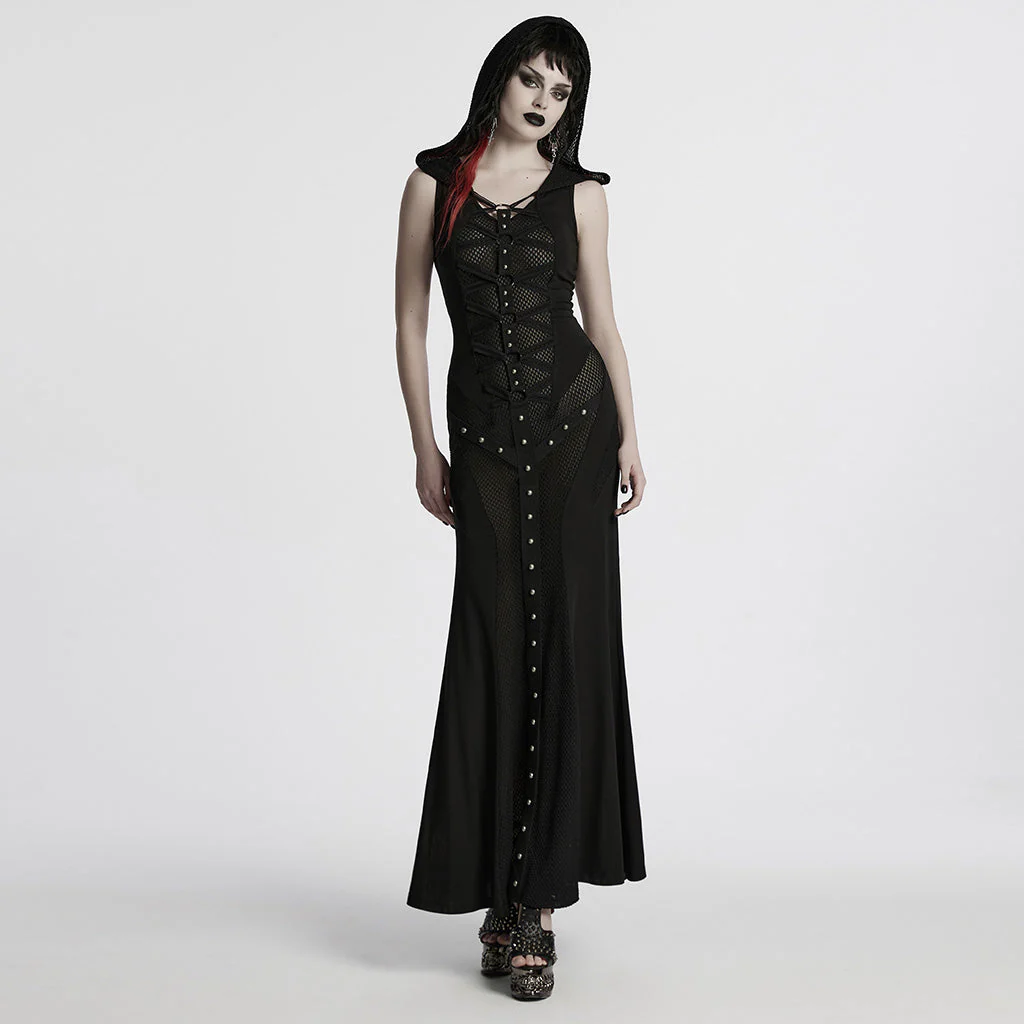 WQ-800LQF Gothic Black Mesh Studded Long Punk Dress - Image 22