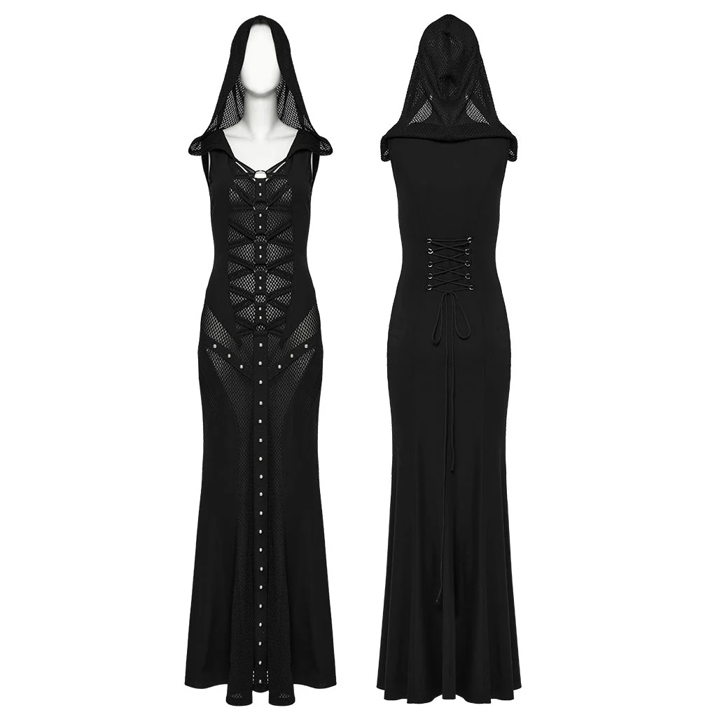 WQ-800LQF Gothic Black Mesh Studded Long Punk Dress - Image 23