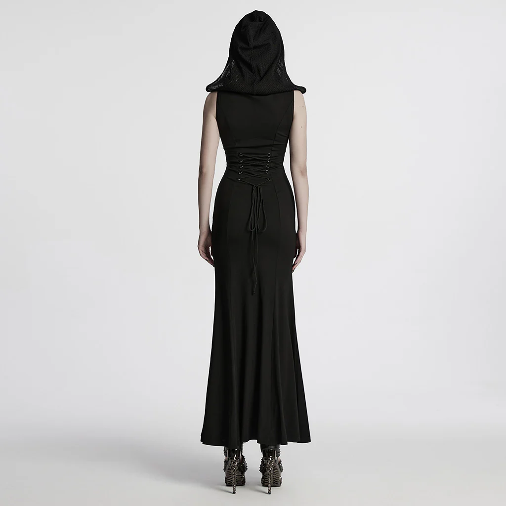 WQ-800LQF Gothic Black Mesh Studded Long Punk Dress - Image 4