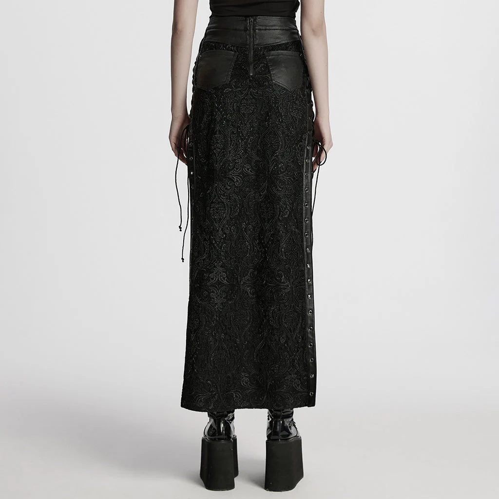 WQ-814BQF Gothic Skirt Black Lace Long Maxi Rivet Details - Image 14
