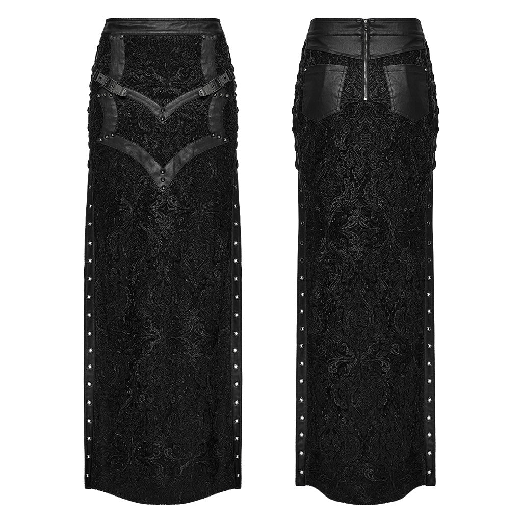 WQ-814BQF Gothic Skirt Black Lace Long Maxi Rivet Details - Image 16