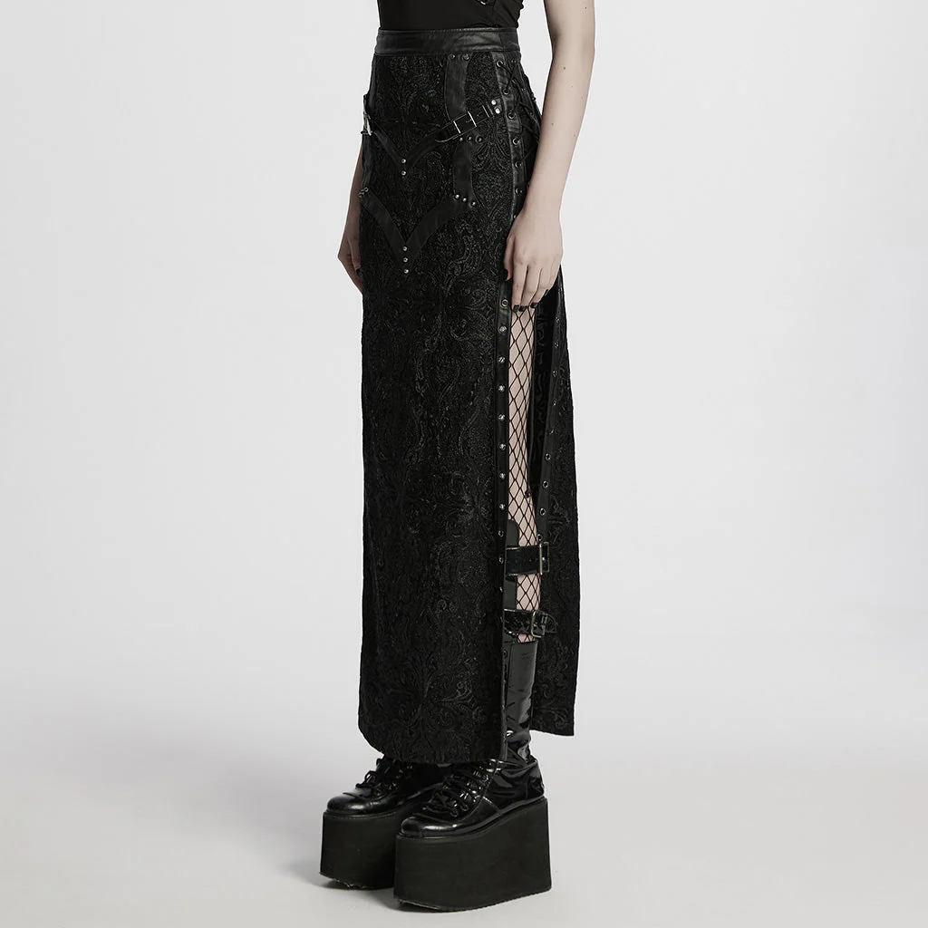 WQ-814BQF Gothic Skirt Black Lace Long Maxi Rivet Details - Image 23
