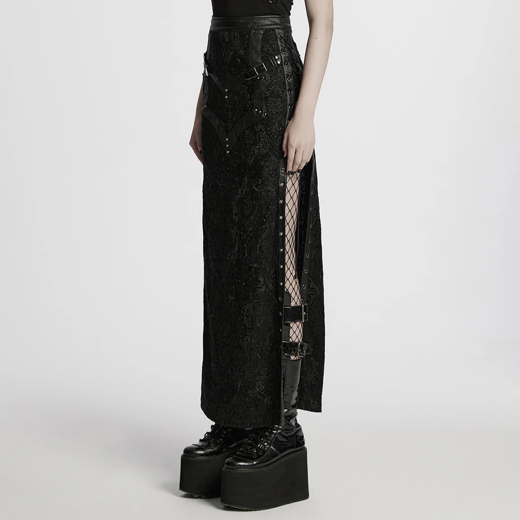 WQ-814BQF Gothic Skirt Black Lace Long Maxi Rivet Details - Image 3