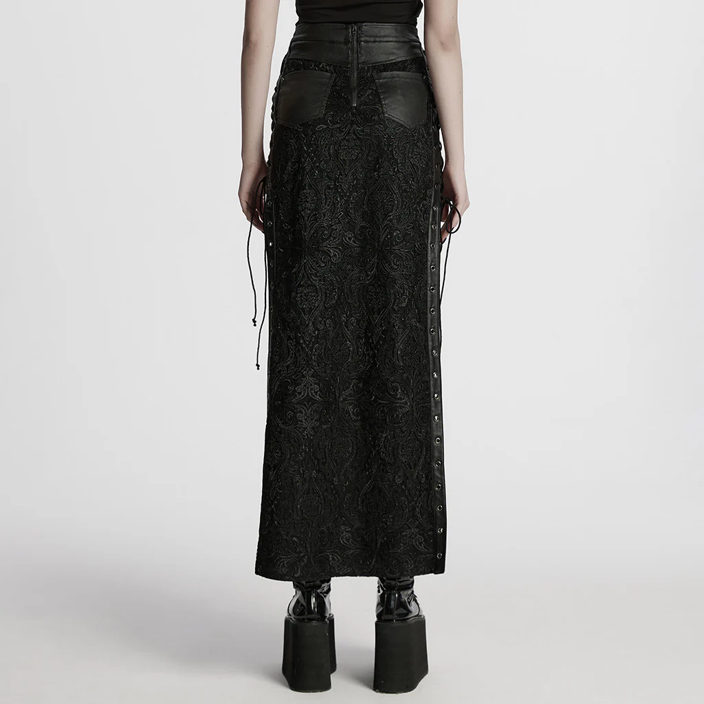 WQ-814BQF Gothic Skirt Black Lace Long Maxi Rivet Details - Image 4