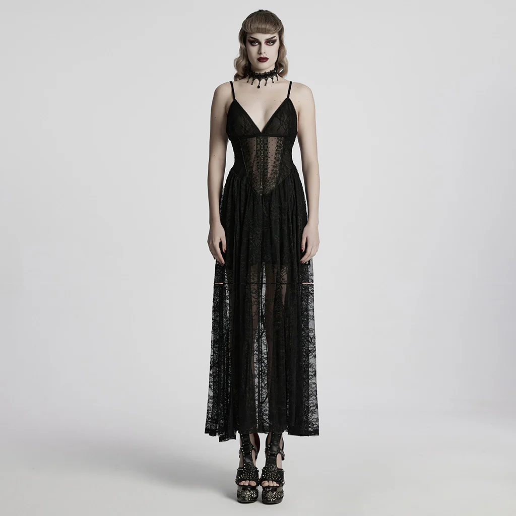WQ-835LQF Elegant Lace Gothic Dress Spaghetti Strap Sheer Black Maxi