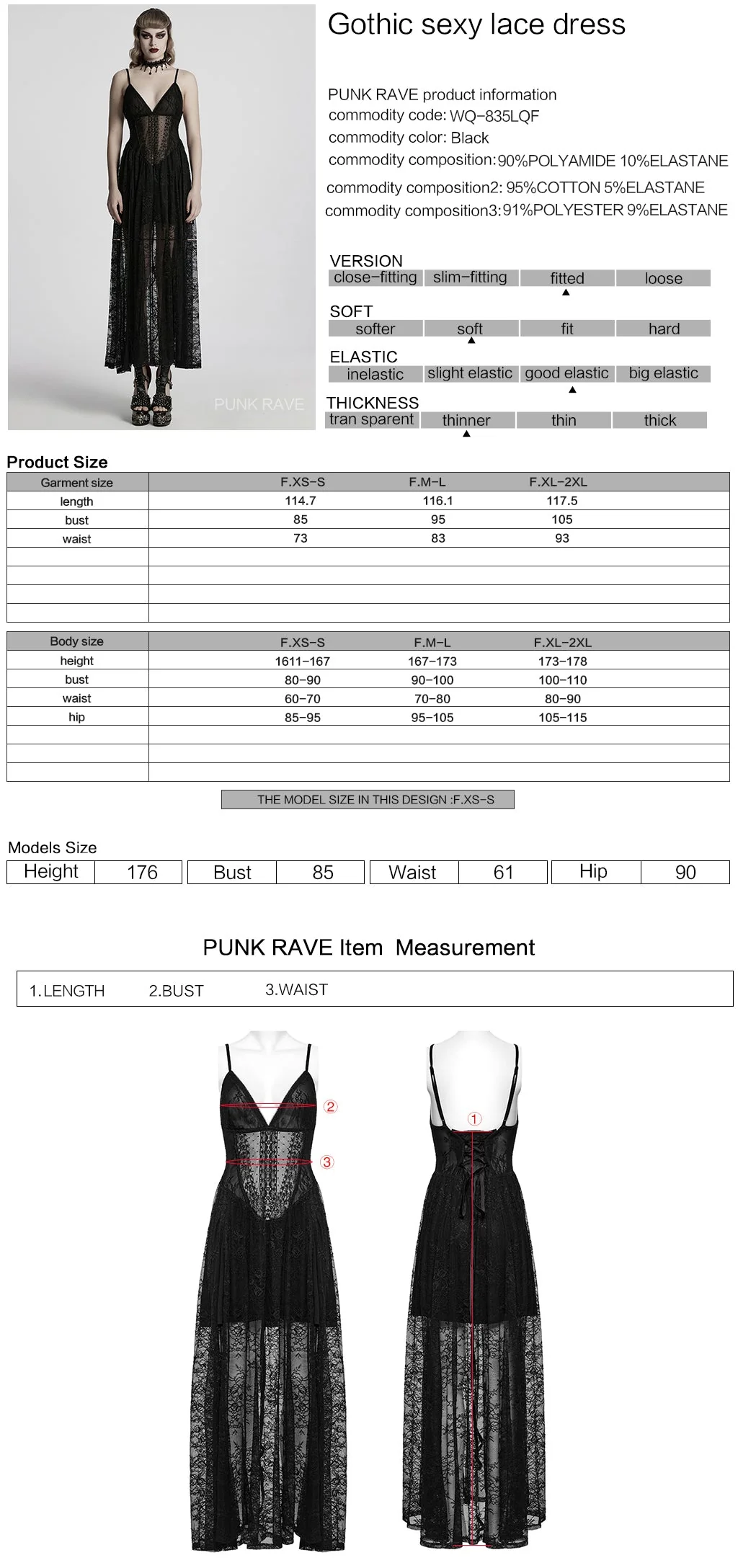 WQ-835LQF Elegant Lace Gothic Dress Spaghetti Strap Sheer Black Maxi - Image 12