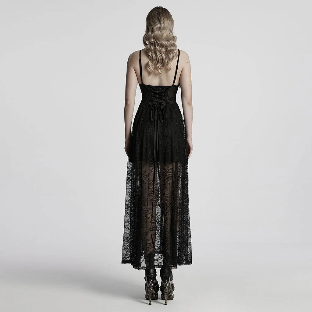 WQ-835LQF Elegant Lace Gothic Dress Spaghetti Strap Sheer Black Maxi - Image 14