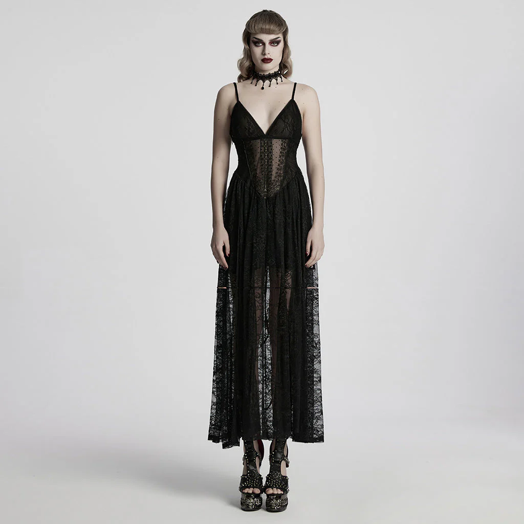 WQ-835LQF Elegant Lace Gothic Dress Spaghetti Strap Sheer Black Maxi - Image 19