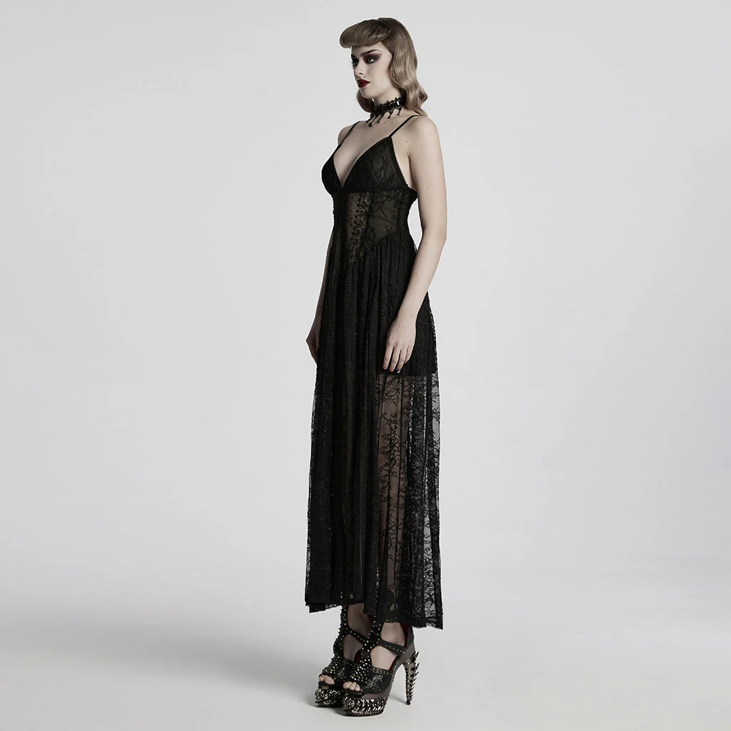 WQ-835LQF Elegant Lace Gothic Dress Spaghetti Strap Sheer Black Maxi - Image 21