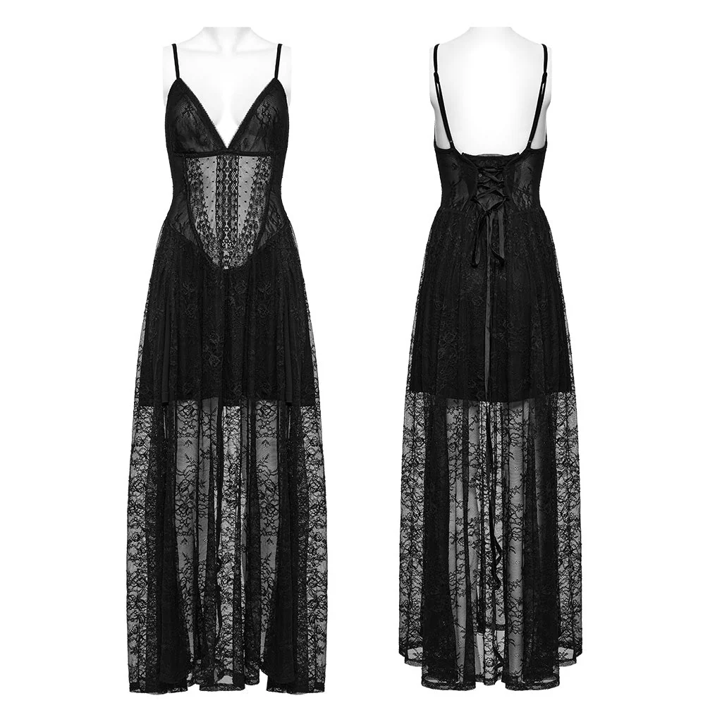 WQ-835LQF Elegant Lace Gothic Dress Spaghetti Strap Sheer Black Maxi - Image 24