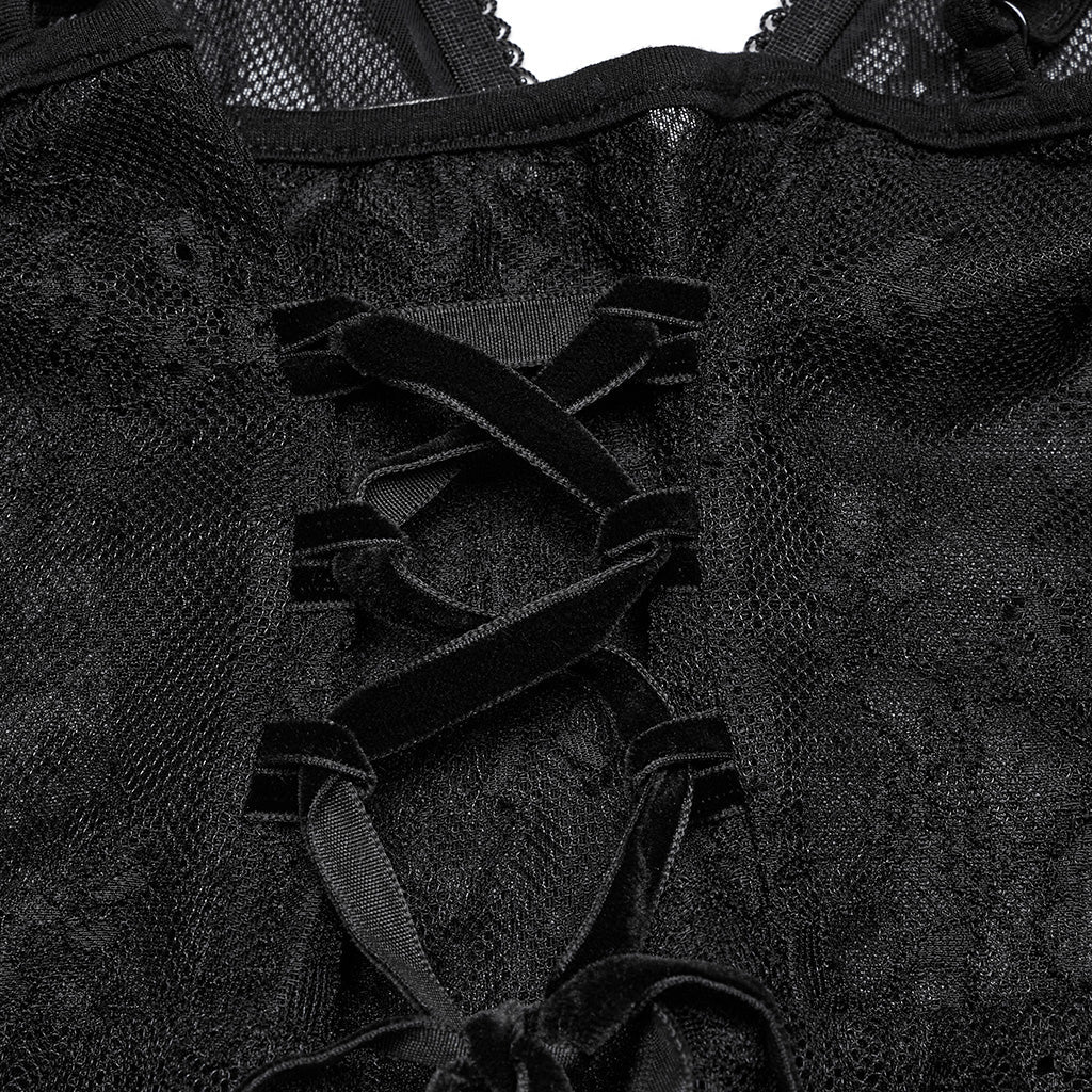 WQ-835LQF Elegant Lace Gothic Dress Spaghetti Strap Sheer Black Maxi - Image 27