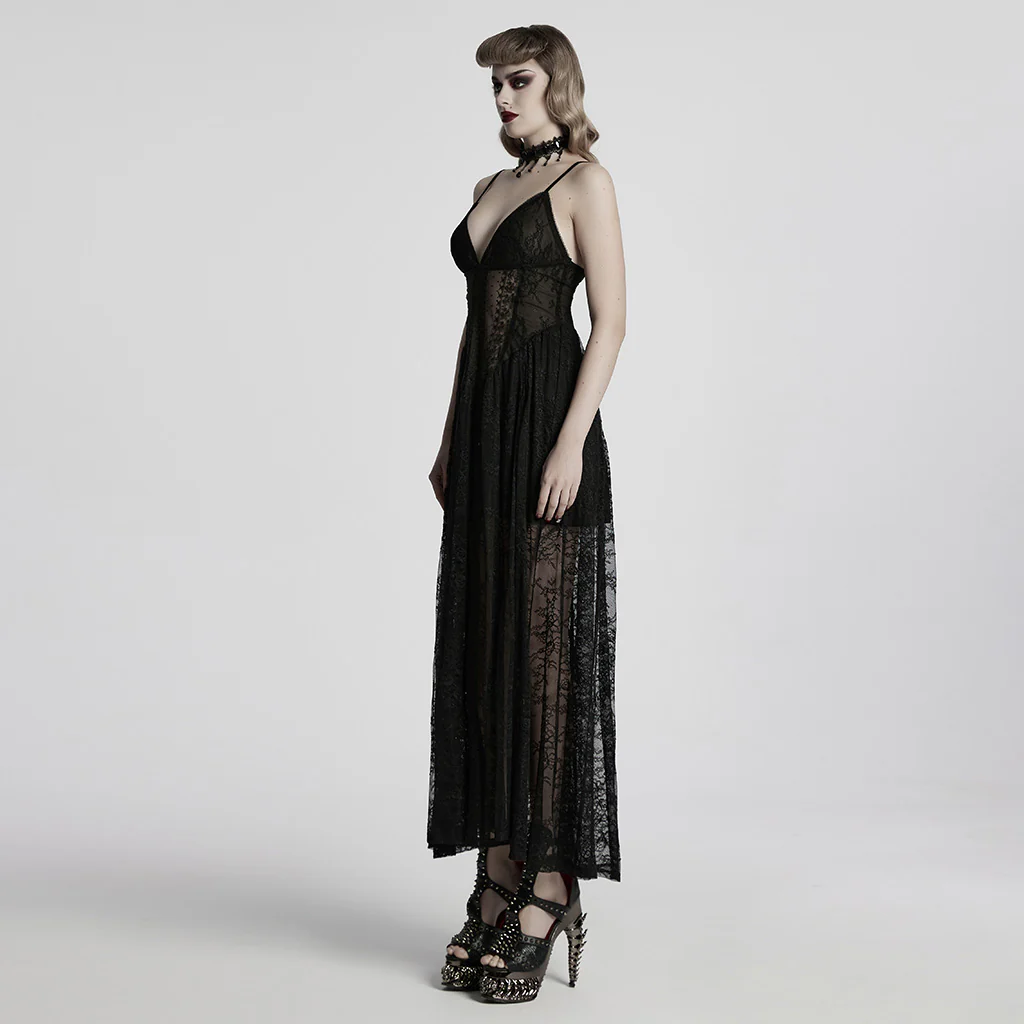 WQ-835LQF Elegant Lace Gothic Dress Spaghetti Strap Sheer Black Maxi - Image 3