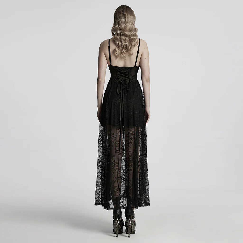 WQ-835LQF Elegant Lace Gothic Dress Spaghetti Strap Sheer Black Maxi - Image 4