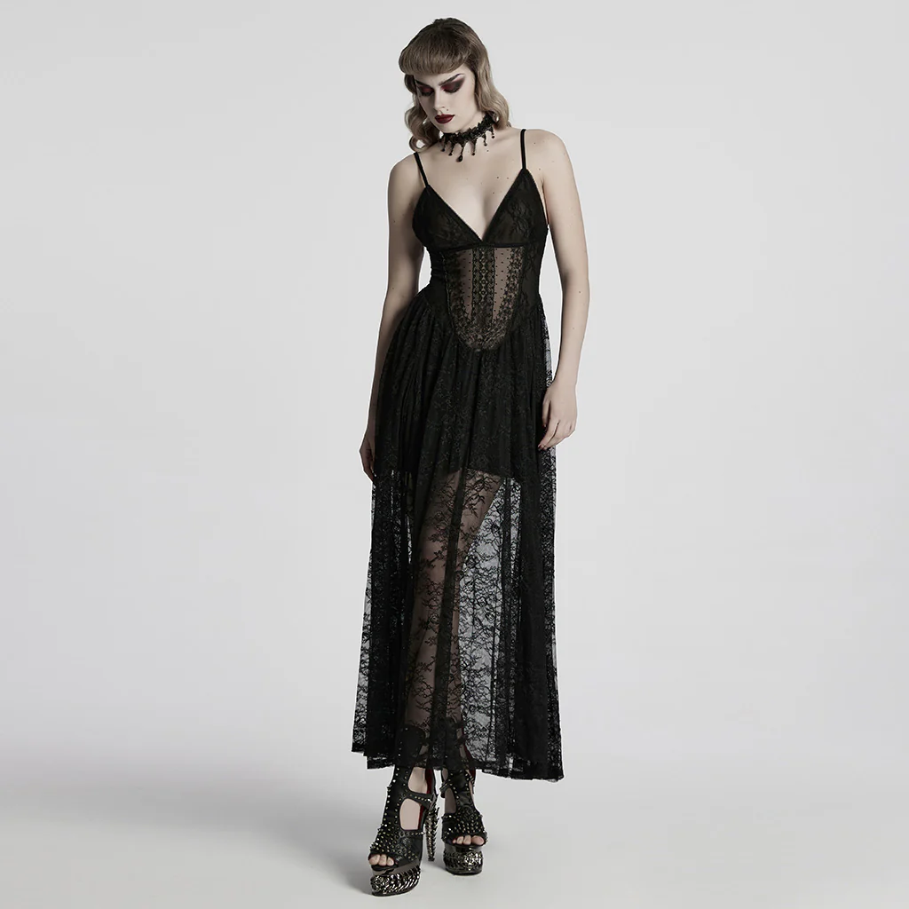 WQ-835LQF Elegant Lace Gothic Dress Spaghetti Strap Sheer Black Maxi - Image 5