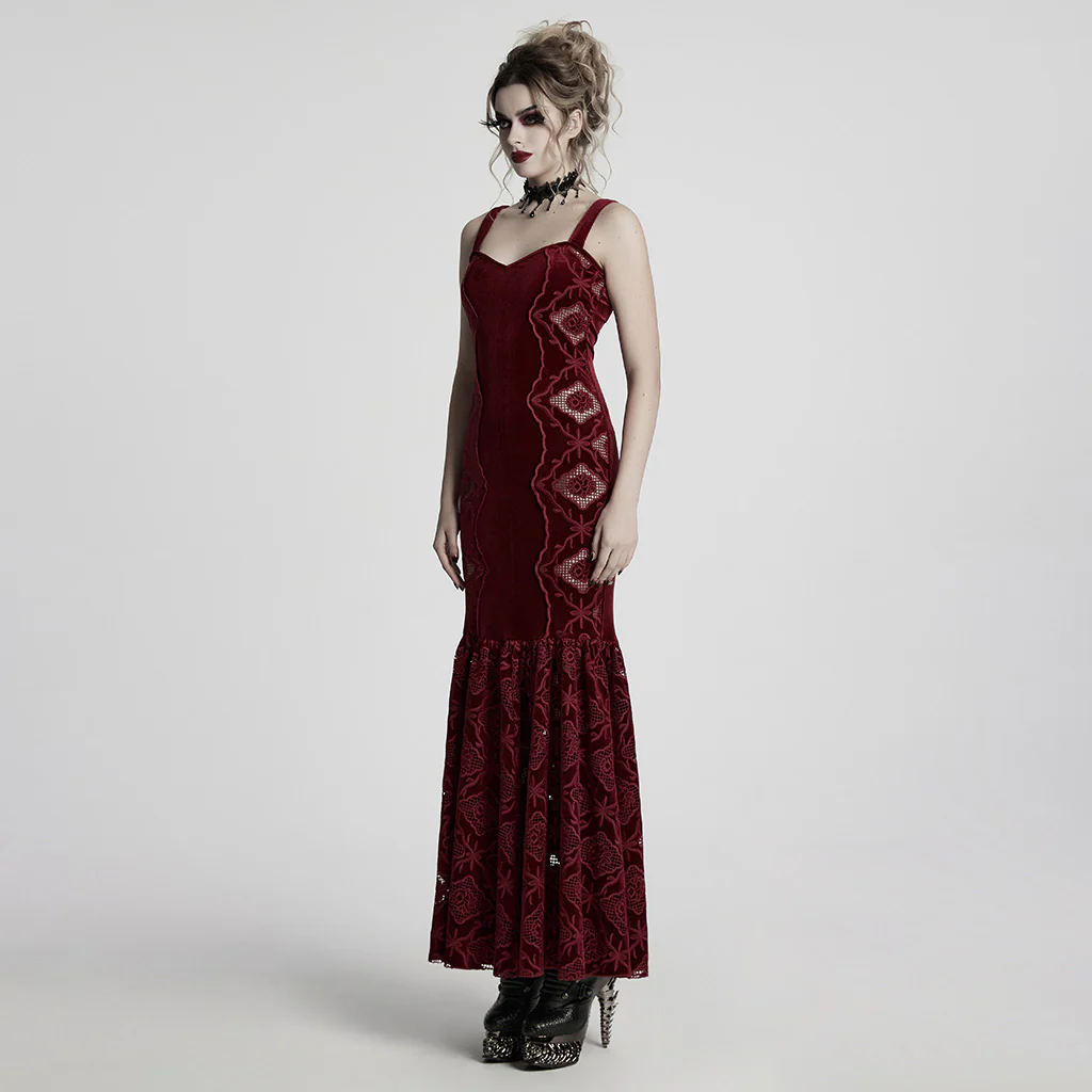 WQ-837LQF Gothic Dress Black Velvet Straps Long Lace Detail - Image 13
