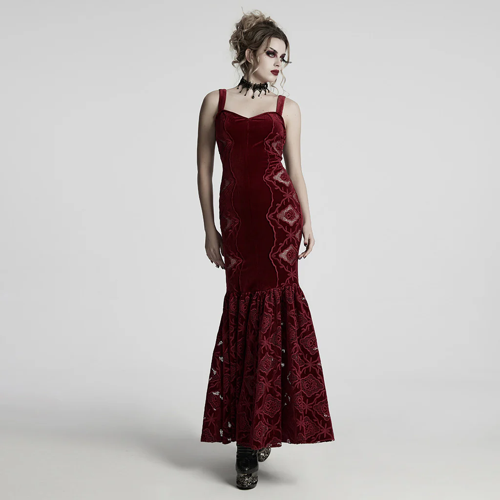 WQ-837LQF Gothic Dress Black Velvet Straps Long Lace Detail - Image 15