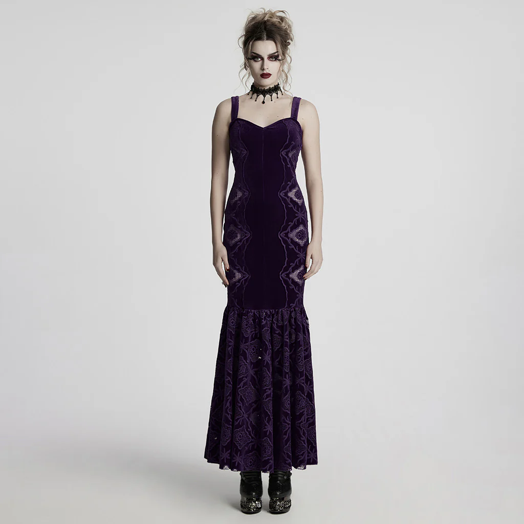 WQ-837LQF Gothic Dress Black Velvet Straps Long Lace Detail - Image 22